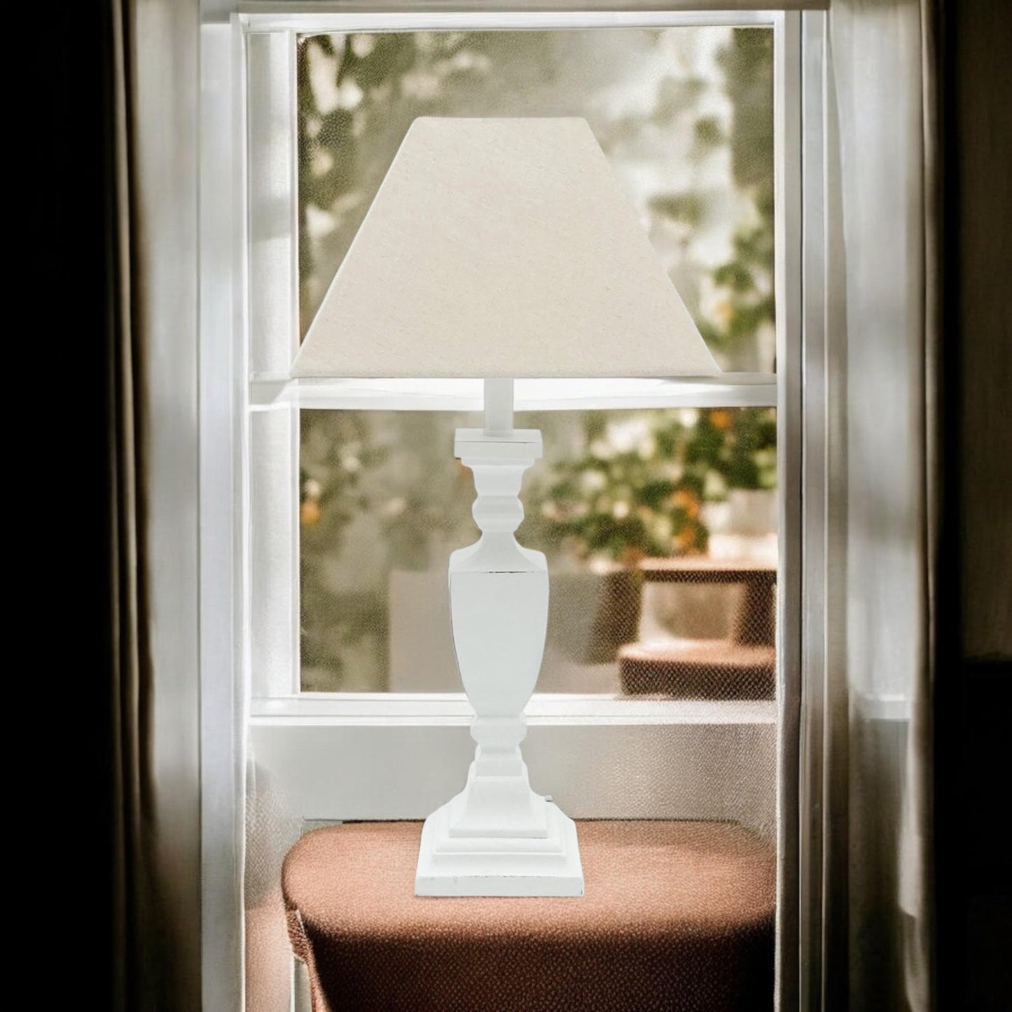 AcaciaHome Stylish & Elegant Tall Wooden Grey Washed 43 cm Table Lamp with Taupe Linen Shade – Energy-Efficient E27 Bulb with Shabby Chic Lighting for Bedroom, Living Room & Office