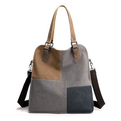 Women's Fashion Retro Patchwork Large Capacity Canvas Bag