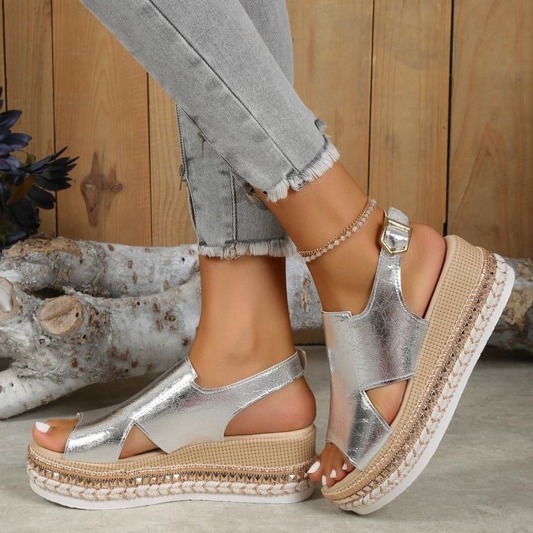 Summer Shiny Sandals Hollow Design Fish Mouth Sandal For Women Fashion Buckle Wedges Shoes