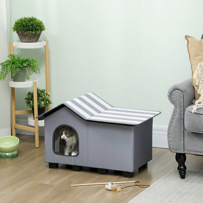 PawHut Outdoor Cat House, Weather Resistant Feral Cat Cave with Elevated Base and Cushion for Winter, Grey