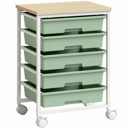 HOMCOM 6-Tier Storage Trolley on Wheels, Metal Kitchen Rolling Cart with 5 Pull-Out Drawers, Green
