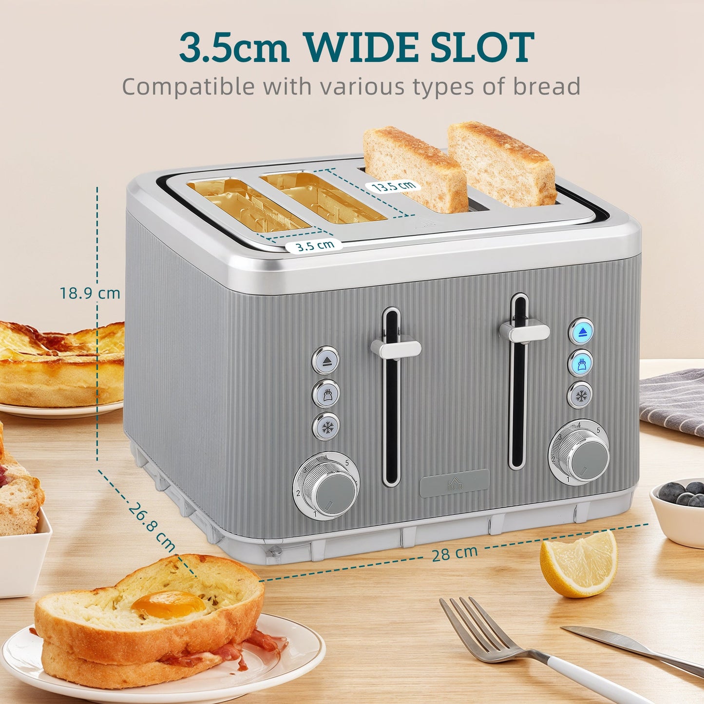 HOMCOM Electric Stainless Steel Kettle and Toaster Set, 3000W 1.7L UK Strix Thermostat Fast Boil Kettle w/ Limescale Filter, Cool Touch Body, 4 Slice Toaster with 7 Browning Levels, Crumb Tray, Tan