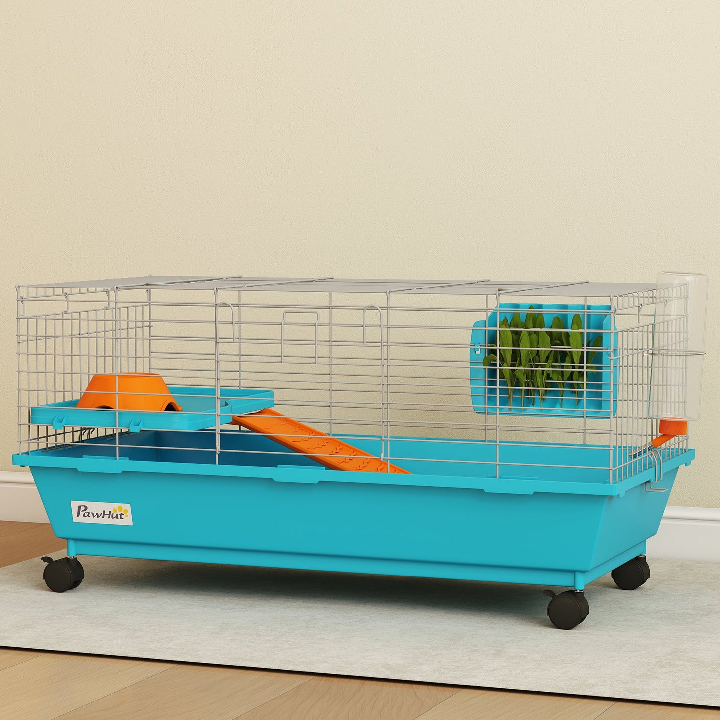 PawHut Small Animal Cage Rabbit Guinea Pigs Chinchillas Cage with Wheels Water Bottle