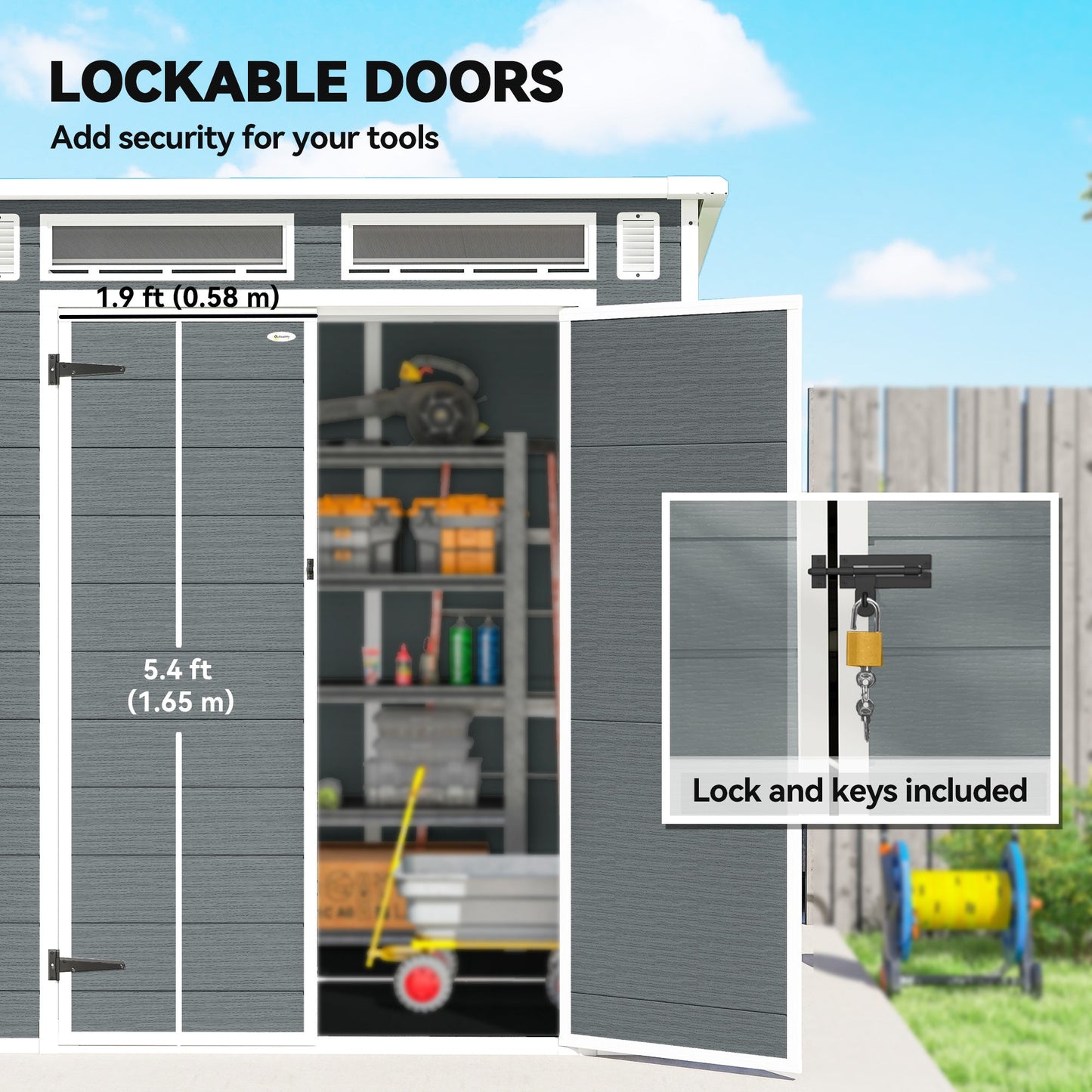 Outsunny 6 x 6 ft Plastic Garden Shed, Wood-Effect Outdoor Storage Shed with Floor, Windows, Lockable Doors and Vents, Grey