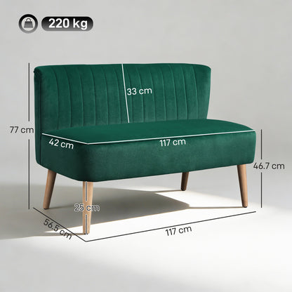 HOMCOM 117cm Loveseat Sofa Upholstered Small 2 Seater Sofa  with Thick Padded Seat and Rubber Wood Legs, Dark Green