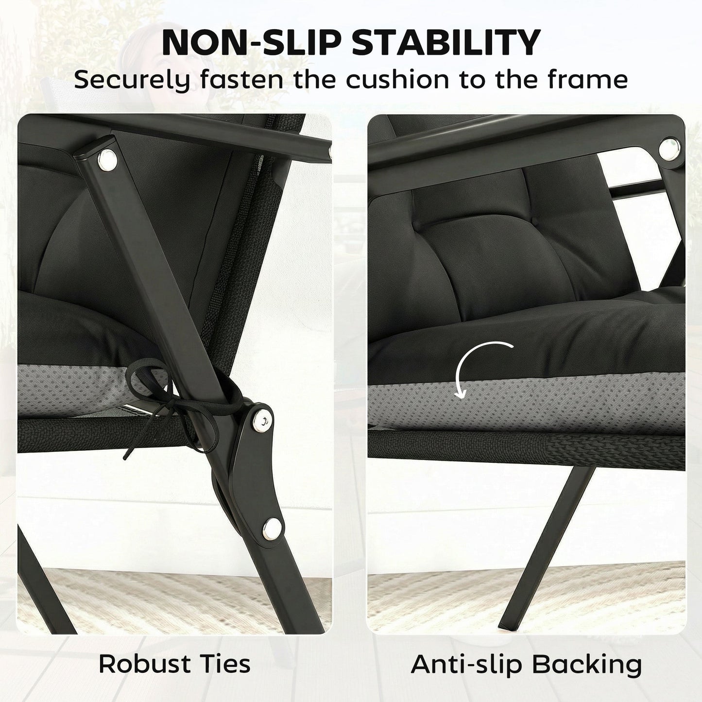 Outsunny Patio Chair Cushions Set of 4, Waterproof Non-Slip Lounge Chair Cushions, 112x53cm, Black
