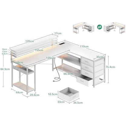 ODK Corner Desk with Drawers, L Shaped Gaming Desk with LED Lights & Power Outlets, Reversible Computer Desks for Home Office Workstation, Office Desks with Monitor Shelf, 155×110 cm, White