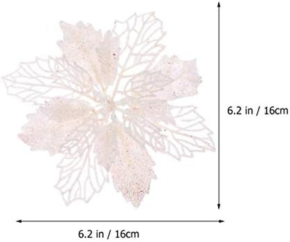 12pcs Glitter Poinsettia Christmas Artificial Flowers Christmas Tree Floral Ornaments Decorations Xmas Tree Pendant Christmas Wreath Filler (White)