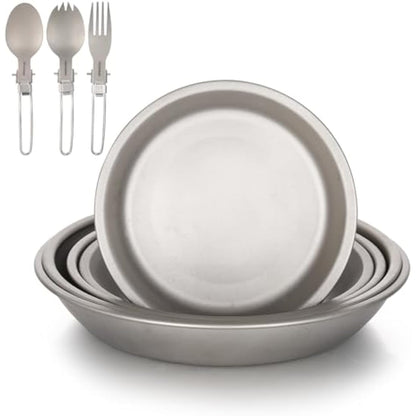 Aomiun 8PC Titanium Camping Plates Set with Utensils | Ultralight 5-Stack Outdoor Dinnerware (5 Plates + 3 Foldable Cutlery) | Corrosion-Resistant for Backpacking, Hiking, Picnic
