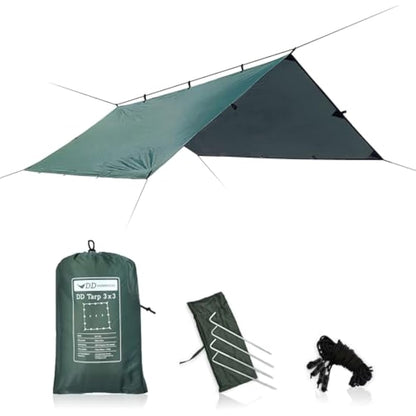 DD Hammocks - DD Tarp 3x3 - Olive Green - Lightweight, 100% Waterproof Tough Shelter with Pegs & Guy Lines for Camping Bushcraft & Hiking