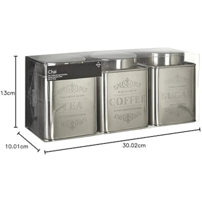 Premier Housewares Coffee Tea Sugar Set Stainless Steel Sugar Tea And Coffee Containers Grey Tea Coffee And Sugar Canisters Set Set of Three 12x10x10, Silver