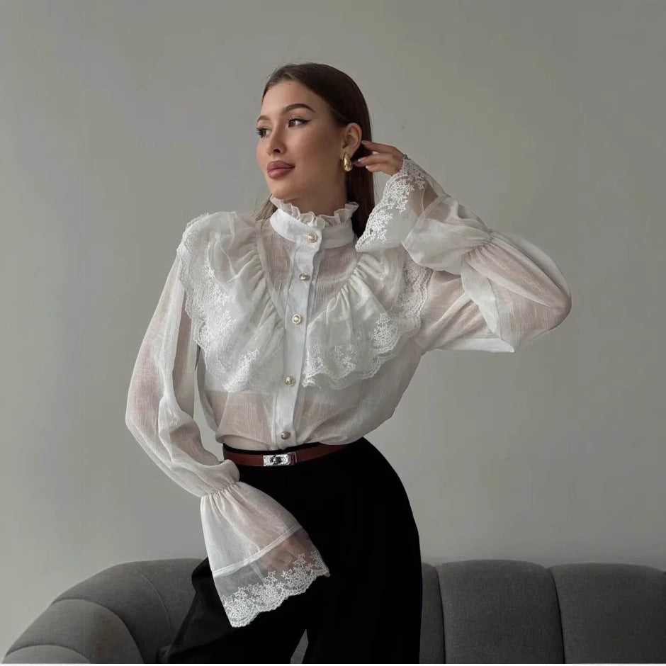 Stand-collar Chiffon Top With A Fashionable Design And Ruffled Hem