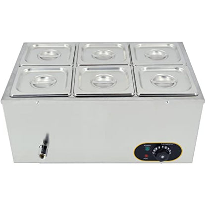 Commercial Food Warmer Stainless Steel Bain Marie Buffet Warmer 1500W, Temperature Range 30-85 °C, GN 1/6 Containers -150mm x6 Pans with Lids, Drain Tap