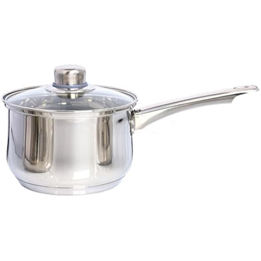 Buckingham Deep Saucepan with Tempered Glass Lid Premium Stainless Steel Cooking Pot Suitable all Heat Source Including Induction 16 Cm 2 Litres by Buckingham