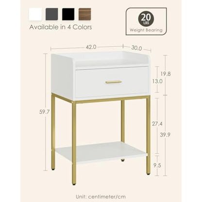 HEYZOEY Bedside Table, 3-Tier Bedside Cabinet with Storage Drawer and Open Shelf, Small End Side Table with Gold Legs for Bedroom, Living Room, White