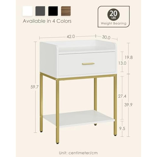 HEYZOEY Bedside Table, 3-Tier Bedside Cabinet with Storage Drawer and Open Shelf, Small End Side Table with Gold Legs for Bedroom, Living Room, White