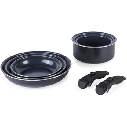Russell Hobbs RH03321EU7 Smart Clip Pot and Pan Set – 8 Piece Ceramic Non-Stick Frying Pans & Saucepans with 2 Detachable Handles, Stackable Design, PFAS-Free, Induction Oven Safe, Marine, Navy Blue