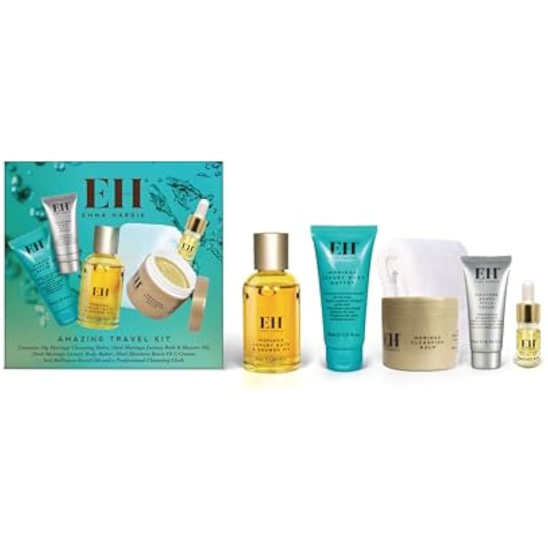 Emma Hardie 5pcs Amazing Travel Kit: 30ml Moringa Cleansing Balm, 50ml Moringa Luxury Bath & Shower oil, 50ml Moringa Luxury Body Butter, 20ml Moisture Boost Vit C Cream, 5ml Brilliance Facial Oil