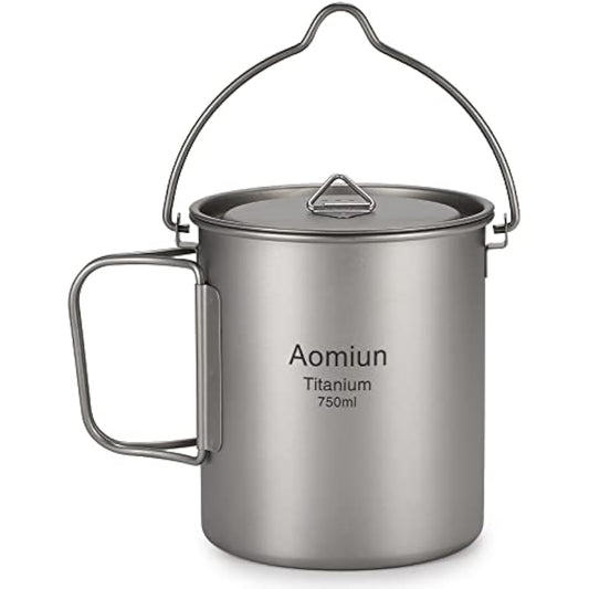 HUIOP titanium pot, Ultralight 750ml Titanium Pot Portable Titanium Water Mug Cup with Lid and Foldable Handle Outdoor Camping Cooking Picnic
