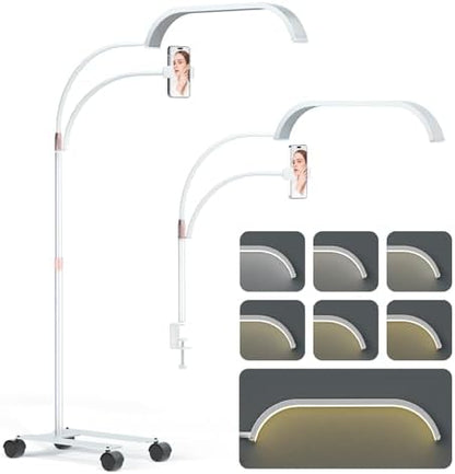 Lmaqfum Lash Light for Eyelash Extensions, 2 in 1 Half Moon Lamp with Phone Holder & 50cm Swing Arm, 7 Colours & Stepless Dimming, Esthetician Light with Wheel Stand for Eyelash Extension, White