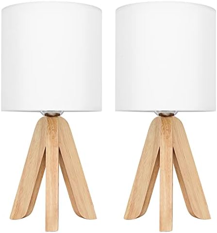 UOMIO Wooden Tripod Lamps Set of 2 Tripod Table Lamps with Wooden Base and Fabric Shade Lights Small Bedside Lamps for Warm Atmosphere Bed Room Living Room Decoration
