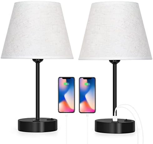 LIANTRAL Modern Bedside Lamps Set of 2, Small Desk Lamp with USB Charging Ports, Linen Fabric Shades & Metal Frame, Table Lamp for Bedroom, Living Room, Office - Creamy/Black