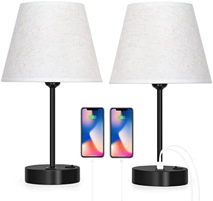 LIANTRAL Modern Bedside Lamps Set of 2, Small Desk Lamp with USB Charging Ports, Linen Fabric Shades & Metal Frame, Table Lamp for Bedroom, Living Room, Office - Creamy/Black