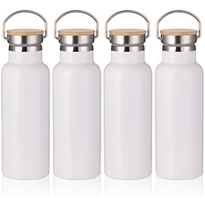 PYD Life Sublimation Water Bottle Blanks White 17 OZ Stainless Steel Sports Bottle Vacuum Flask with Bamboo Lid for Tumbler Heat Press Sublimation Print 4 Pack