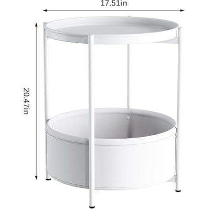 Side Table, Round End Table with Fabric Basket, Small Bedside Table, Nightstand Sofa Table for Living Room, Bedroom, Bathroom, Balcony, Modern Style (White)