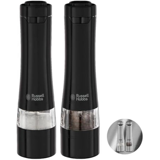 Russell Hobbs 28010-56 Electric Salt and Pepper Mill Set [2 Automatic Grinders] Black Stainless Steel (Adjustable Grinding Fineness, Ceramic Grinding Wheels, for Dried Spices, LED Lighting)