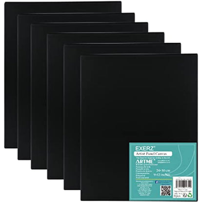 Exerz 24x30cm Black Canvas Panels 6pcs - 3mm 280gsm 100% Cotton/Blank Artist Canvas Board/Triple Primed/Acid Free/Medium Grain - Oil & Acrylic (24x30cm-6pk Black)