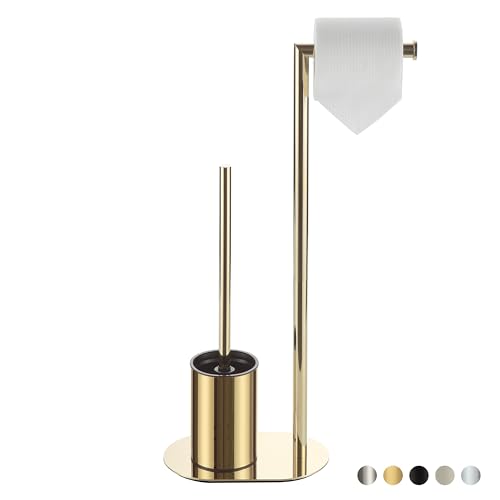 BVL Gold Toilet Roll Holder with Stainless Steel Free Standing Brush and Paper Holder