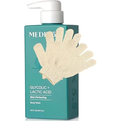 MED AHA Body Scrub Glycolic Acid Exfoliating Body Cleanser | KP Bump Eraser & Acne Treatment | Anti-Aging Foaming Body/Face Wash | Skincare Set + Eco Exfoliating Gloves + Prosperina Card