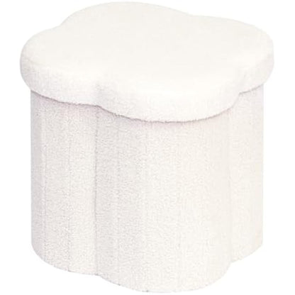 Bonlife White Ottoman Storage Box,Folding Storage Seat Box,Small Footstool For Living Room,Kid's Toy Chest Box,Teddy Flower Shape,38x38x38cm