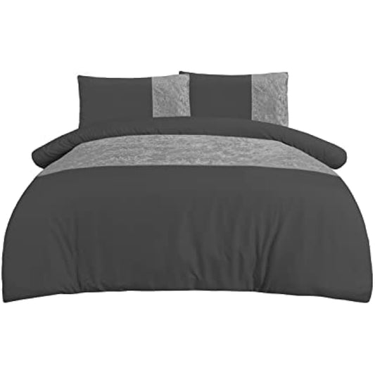 Sleepdown Velvet Cuff Charcoal Grey Panel Band Luxury Soft Cosy Duvet Cover Quilt Bedding Set with Pillowcases - King (220cm x 230cm)