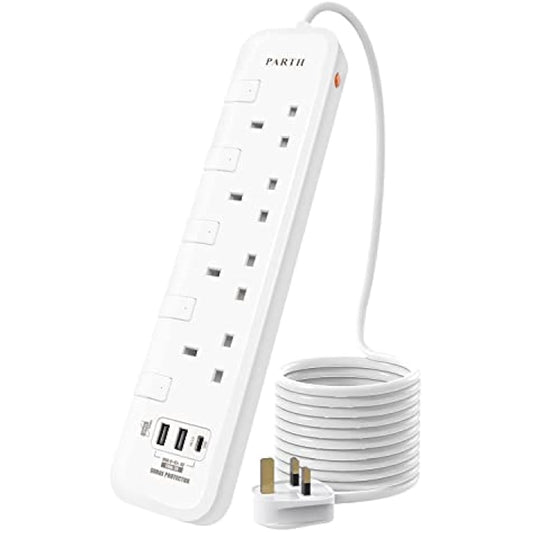 PARTH Extension Lead 5M Surge Protected Extension Cord with USB Slots,5 metre Extension Cable,4 Way UK Switched Plug Extension Socket,Heavy Duty Surge Protector Wall Mounted Extra Long Power Strip