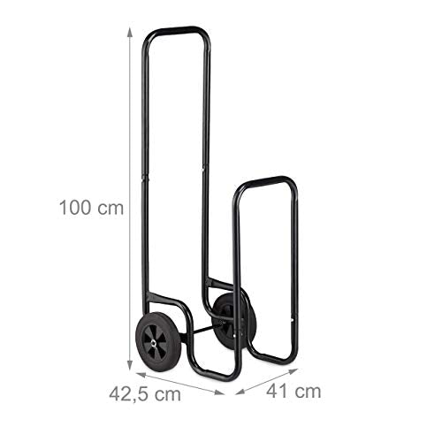 Relaxdays Log Cart, Steel Firewood Trolley, With 2 Wheels, Fireplace Wood Transport & Storage, Up To 60 kg, Black