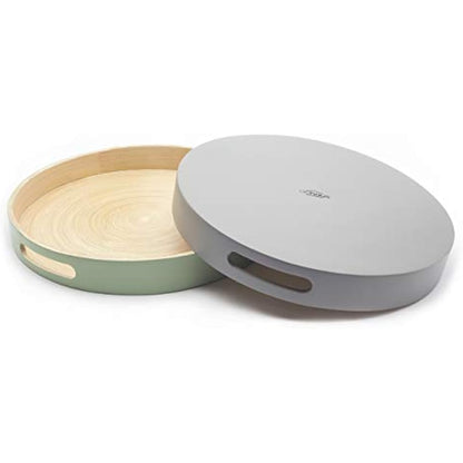 Dehaus® Stylish Wooden Bamboo Tray - Grey Large - Luxury Round Wood Lap Trays for Eating Dinner, Tea and Coffee Tray, Bar Drinks or Food Serving Trays with Handles - Eco Friendly