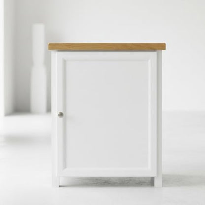 ALL WHITE Storage Cabinet with Open Shelf, White and Oak Top, 2 Doors with Metal Knobs, Ready Assembled Storage Cabinet for Hallway or Livingroom