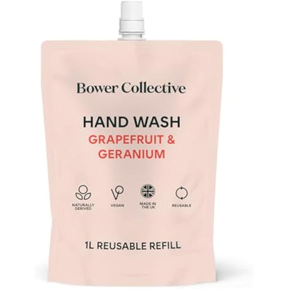 Bower Collective Natural Antibacterial Liquid Hand Soap Refill, Geranium & Grapefruit Handwash Refill, Eco-Friendly Soap, 1 Litre, 300+ Washes