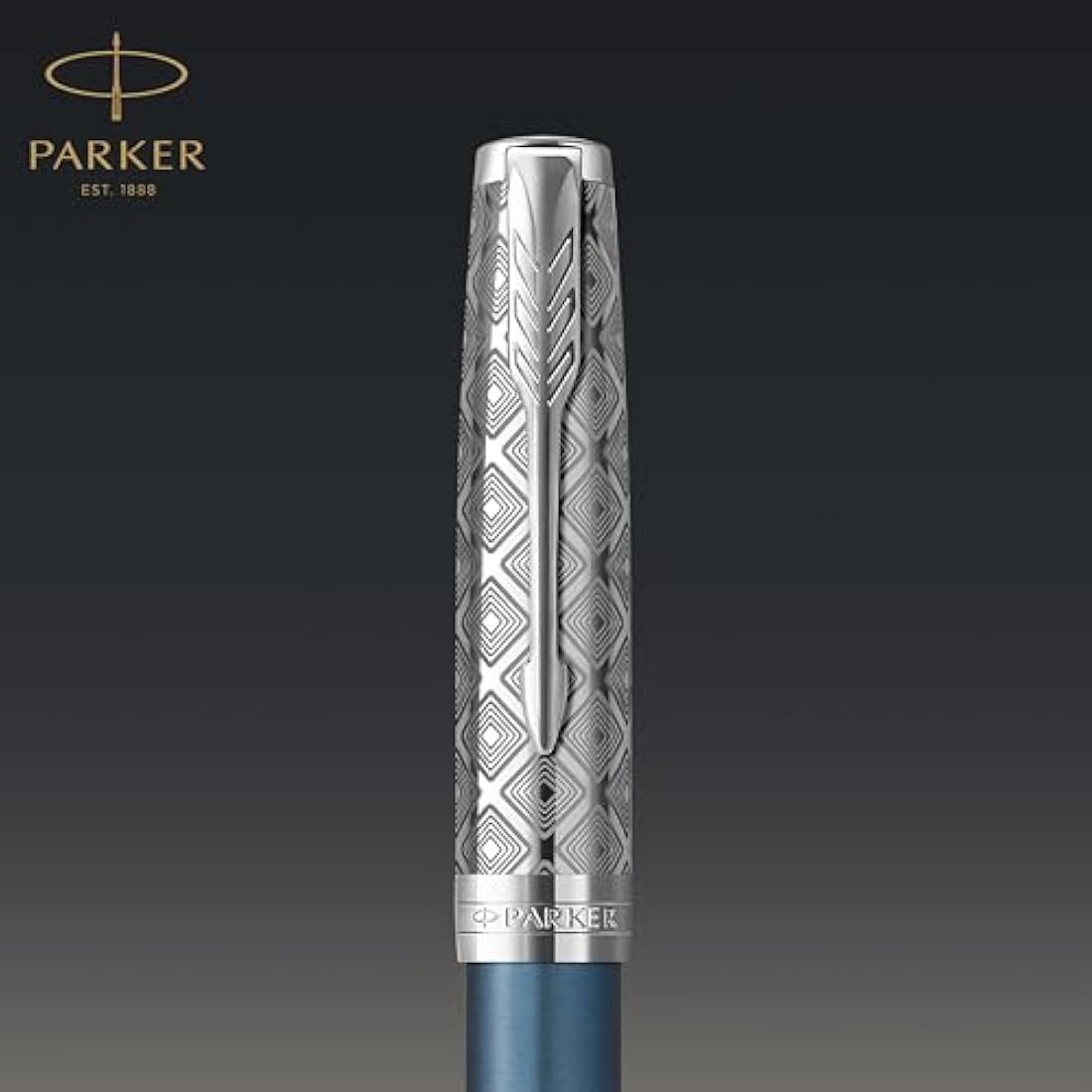 PARKER Sonnet Fountain Pen | Premium Metal and Blue Satin Finish with Chrome Trim | Fine 18k Gold Nib with Black Ink Cartridge | Gift Box