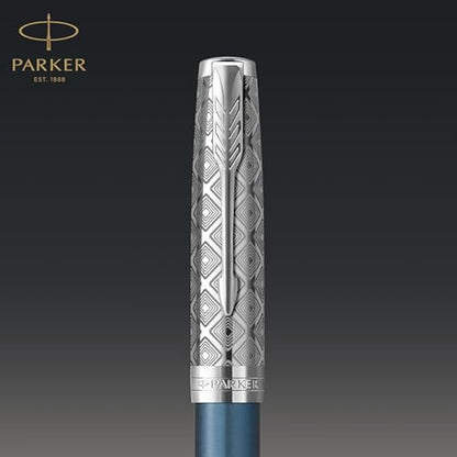PARKER Sonnet Fountain Pen | Premium Metal and Blue Satin Finish with Chrome Trim | Fine 18k Gold Nib with Black Ink Cartridge | Gift Box