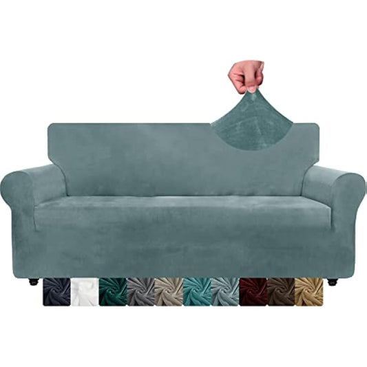 XINEAGE 1 Piece Velvet Couch Covers for 3 Cushion Couch Living Room High Stretch Sofa Cover Pets Dogs Friendly Anti Slip Thickened Slipcovers Furniture Protector (3 Seater, Stone Blue)