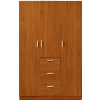 3 Door 3 Drawer Wardrobe, Modern Solid Pine Wood Wardrobe with Hanging Rail Living Bedroom Furniture (Oak)