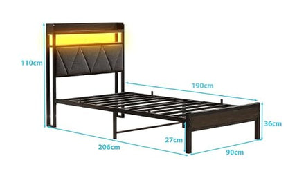 HAHRIR Single Bed Frame with 3ft Upholstered Wooden Storage Headboard, Grey
