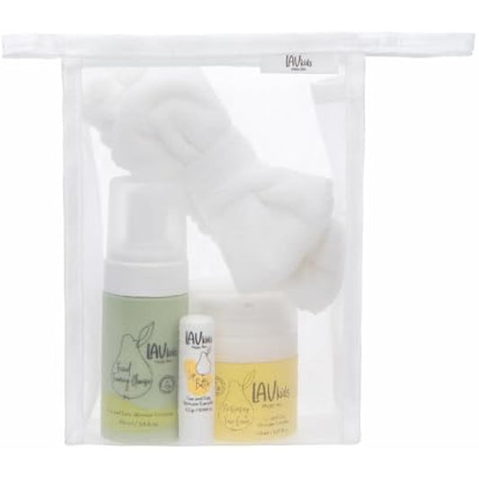 LAV Moisturising Face Care Bundle, Face Cream, Foaming Cleanser, Lip Butter with Headband and Bag (white, yellow, green)