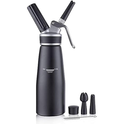 Sivaphe Cream Dispenser Whipped Cream Black Siphon Aluminum for Home Party Dessert 500ML with Cleaning Brush, 3 Decorating Nozzles