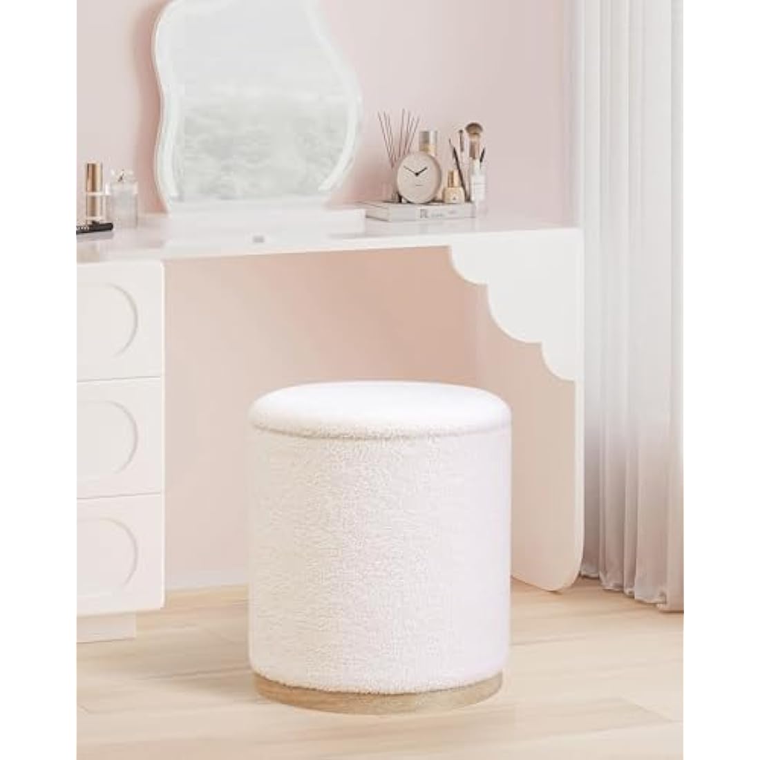 Bonlife Round White Ottoman with Storage Set of 2,Makeup Vanity Stool Chair,Ottoman Coffee Table for Living Room,Bedroom,Dining Room,39x39x44cm