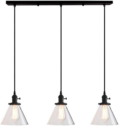 PathsOn Industrial Vintage 3 Lights Fittings Ceiling Chandelier Cone Clear Glass lampshade Hanging Pendant Lamp Fixture (Black)