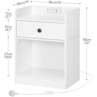 HOOBRO Bedside Table with Charging Station, Sofa Side Table with USB, Bed Side End Table with Socket and 2 USB Ports, Nightstand with Drawer, for Bedroom, Living Room, White EWT18KBZ01